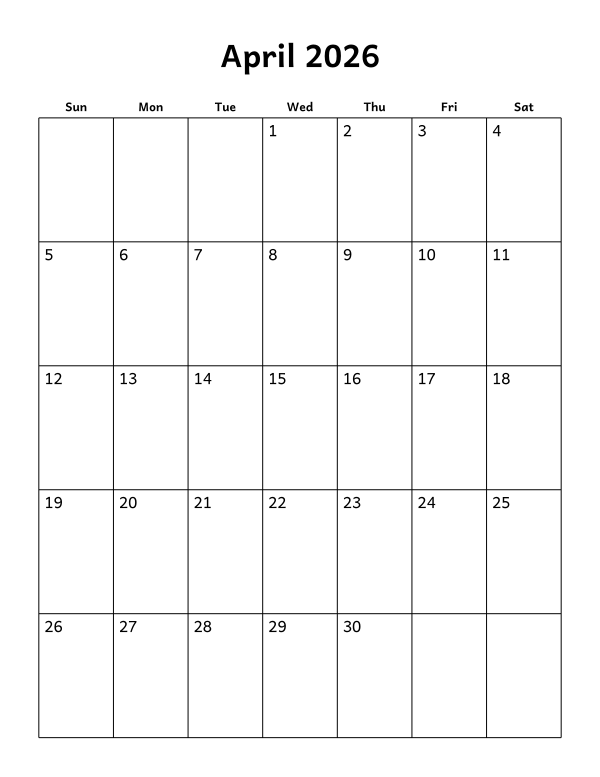 Printable April 2026 calendar, holidays layout, week starting Sunday