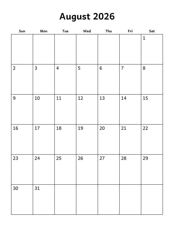 Printable August 2026 calendar, blank layout, week starting Sunday