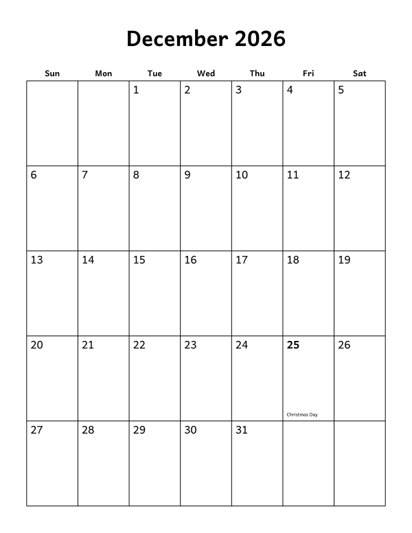 Printable December 2026 calendar, holidays layout, week starting Sunday