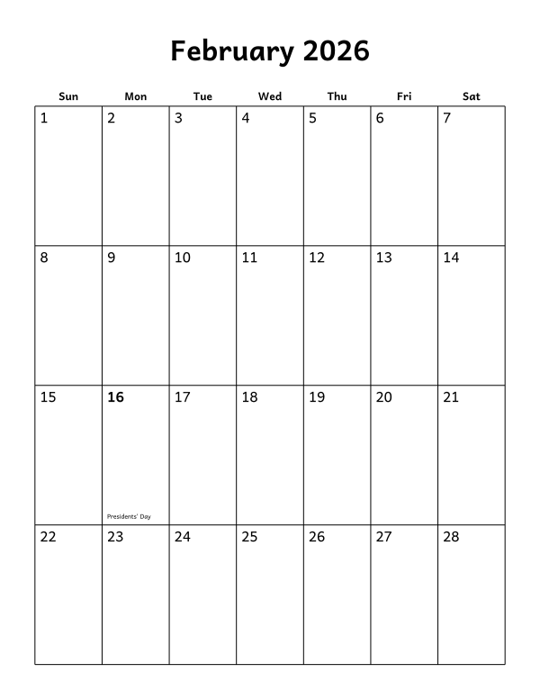 Printable February 2026 calendar, holidays layout, week starting Sunday