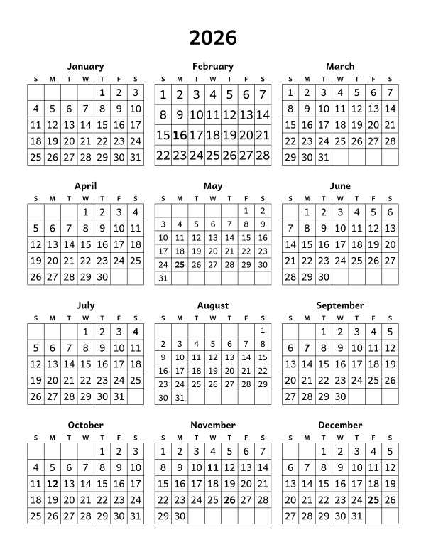Printable 2026 year-at-a-glance calendar, twelve months on one page, week starting Sunday