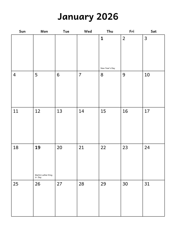 Printable January 2026 calendar, holidays layout, week starting Sunday
