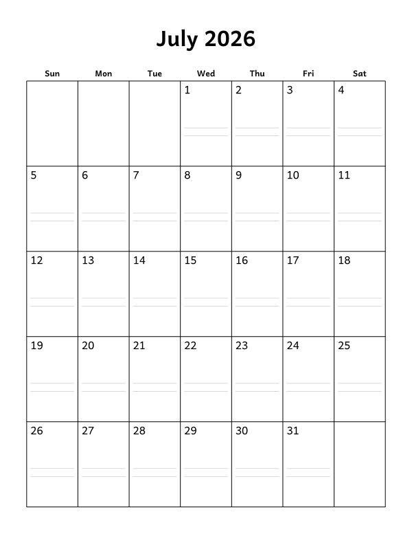 Printable July 2026 calendar, notes layout, week starting Sunday
