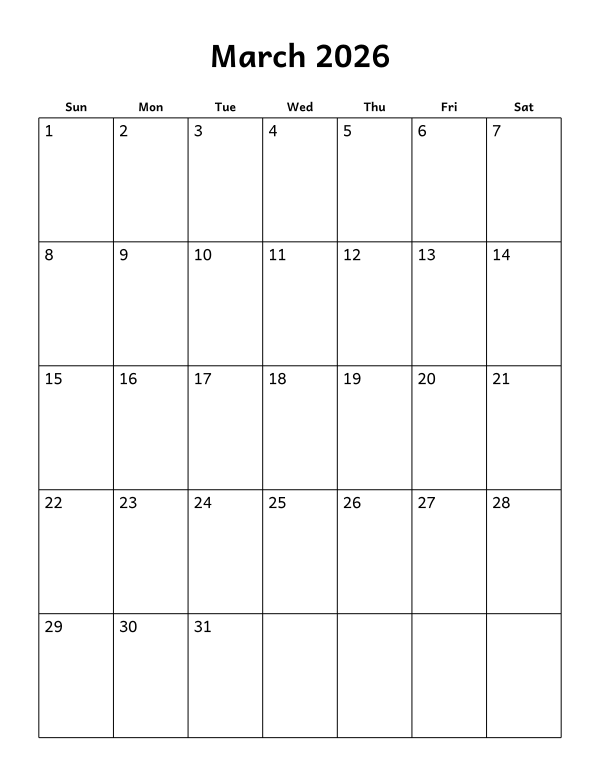 Printable March 2026 calendar, holidays layout, week starting Sunday