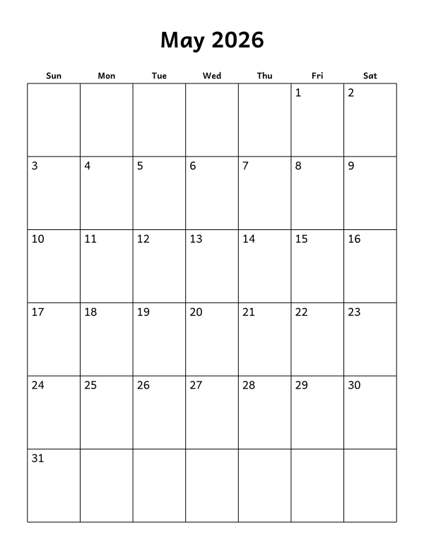 Printable May 2026 calendar, blank layout, week starting Sunday