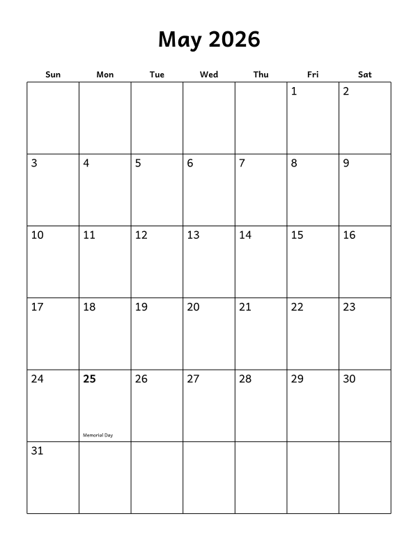 Printable May 2026 calendar, holidays layout, week starting Sunday