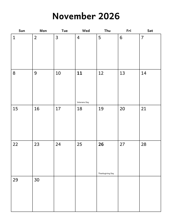 Printable November 2026 calendar, holidays layout, week starting Sunday