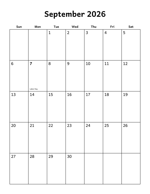 Printable September 2026 calendar, holidays layout, week starting Sunday