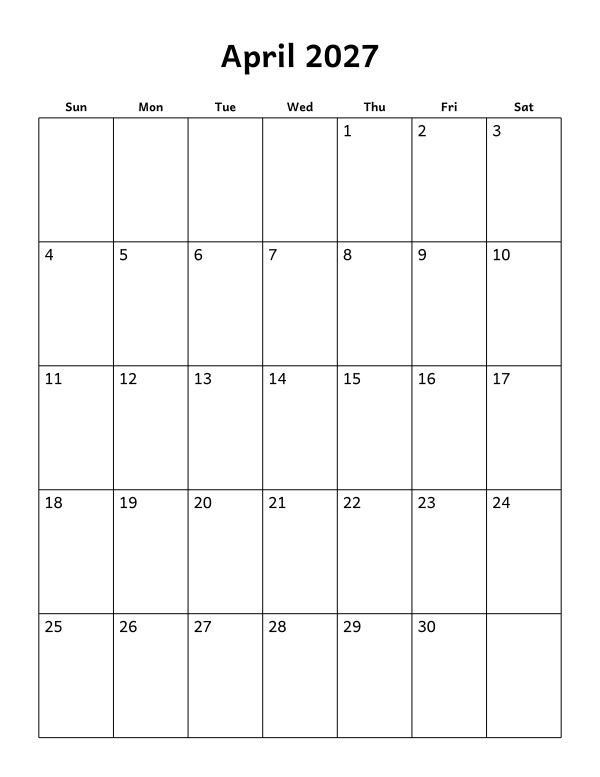 Printable April 2027 calendar, holidays layout, week starting Sunday