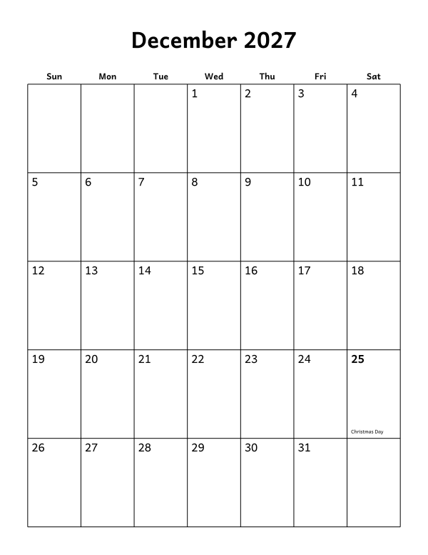 Printable December 2027 calendar, holidays layout, week starting Sunday