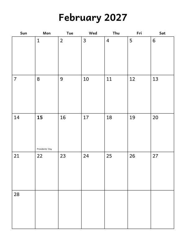 Printable February 2027 calendar, holidays layout, week starting Sunday