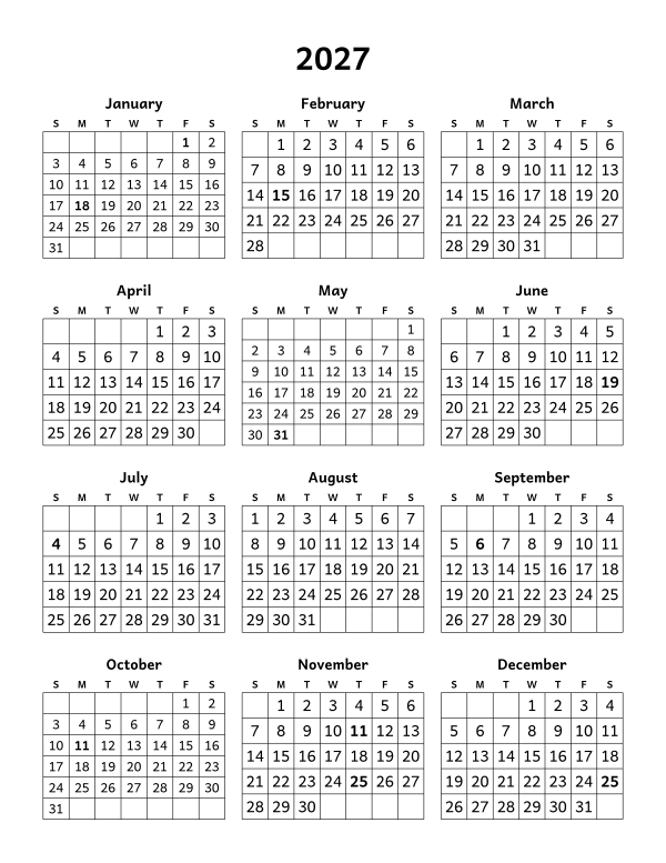 Printable 2027 year-at-a-glance calendar, twelve months on one page, week starting Sunday