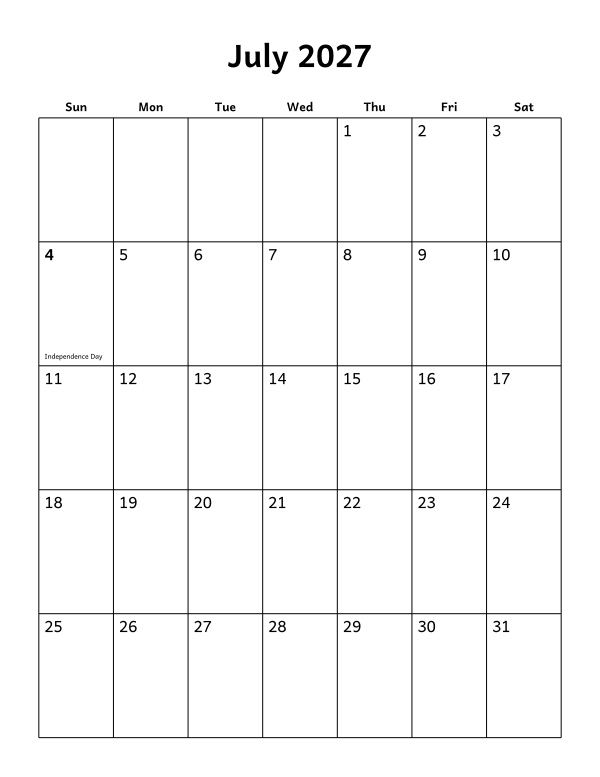 Printable July 2027 calendar, holidays layout, week starting Sunday