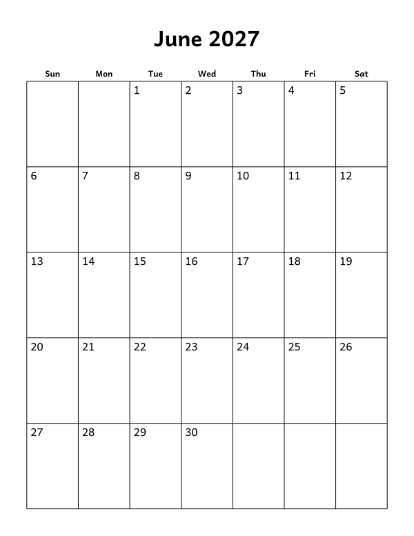 Printable June 2027 calendar, blank layout, week starting Sunday