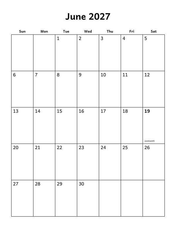 Printable June 2027 calendar, holidays layout, week starting Sunday