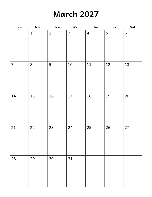 Printable March 2027 calendar, holidays layout, week starting Sunday