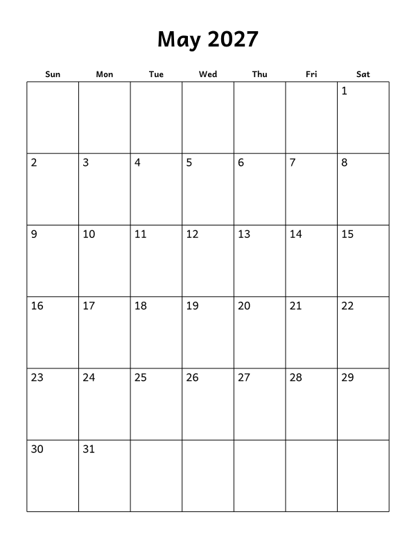 Printable May 2027 calendar, blank layout, week starting Sunday