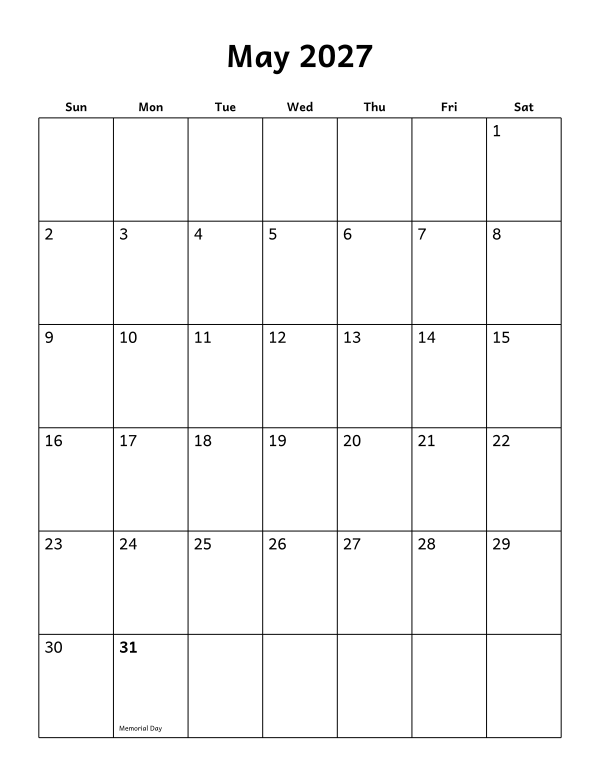 Printable May 2027 calendar, holidays layout, week starting Sunday