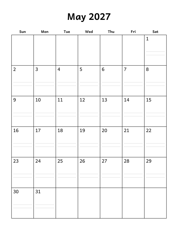 Printable May 2027 calendar, notes layout, week starting Sunday