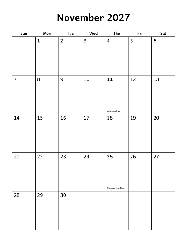Printable November 2027 calendar, holidays layout, week starting Sunday