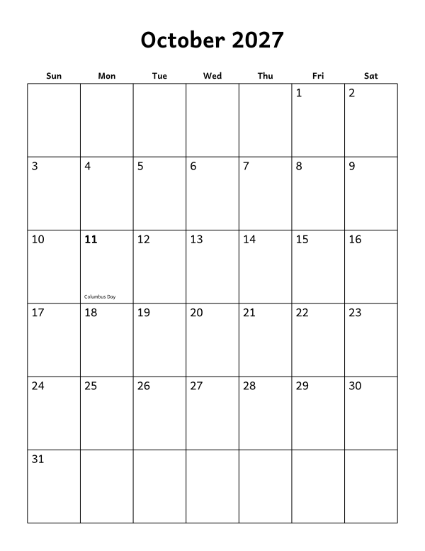 Printable October 2027 calendar, holidays layout, week starting Sunday