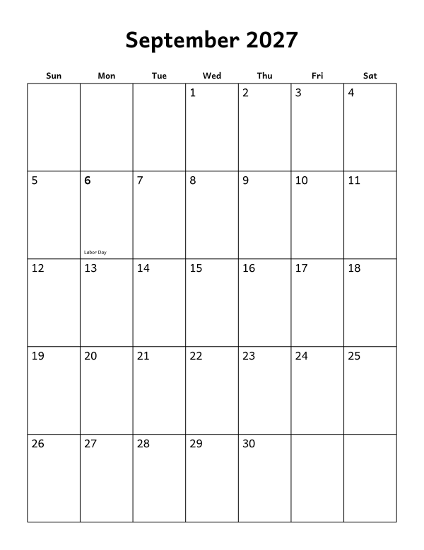 Printable September 2027 calendar, holidays layout, week starting Sunday