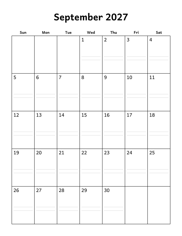 Printable September 2027 calendar, notes layout, week starting Sunday