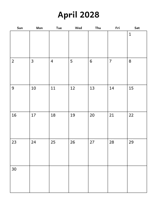 Printable April 2028 calendar, blank layout, week starting Sunday