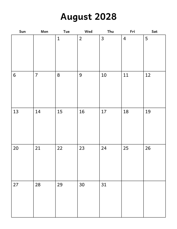 Printable August 2028 calendar, holidays layout, week starting Sunday