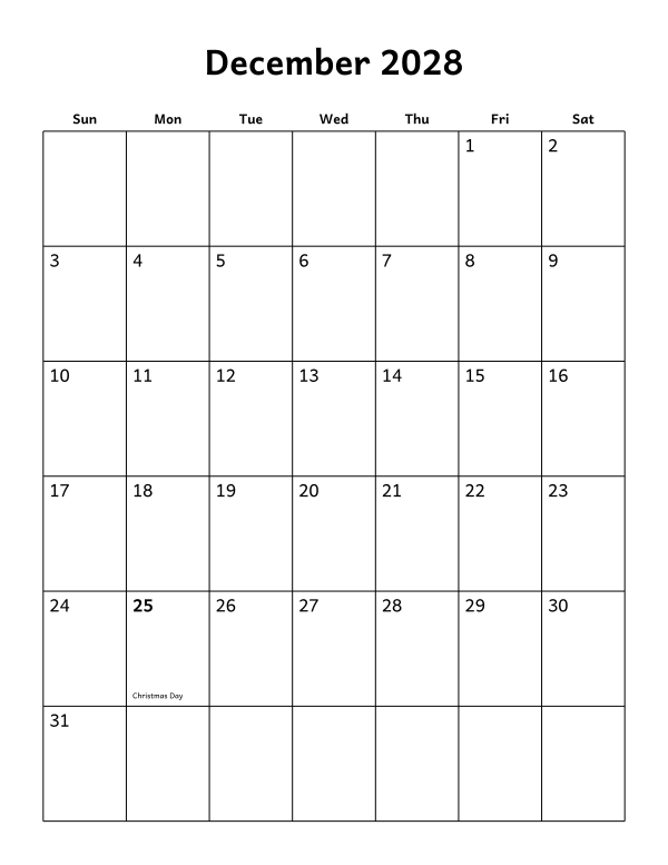 Printable December 2028 calendar, holidays layout, week starting Sunday