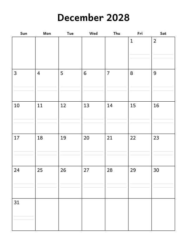 Printable December 2028 calendar, notes layout, week starting Sunday