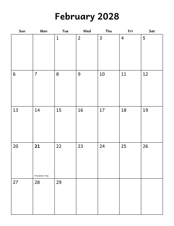 Printable February 2028 calendar, holidays layout, week starting Sunday