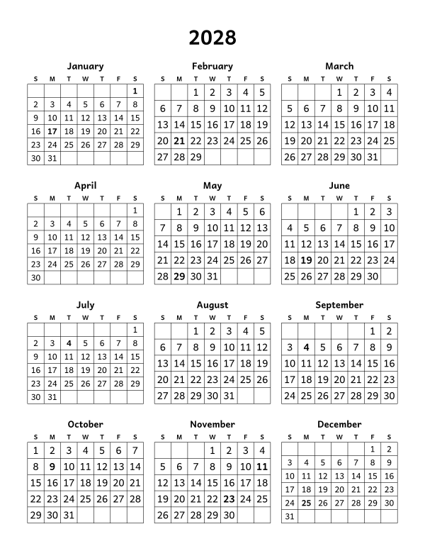 Printable 2028 year-at-a-glance calendar, twelve months on one page, week starting Sunday