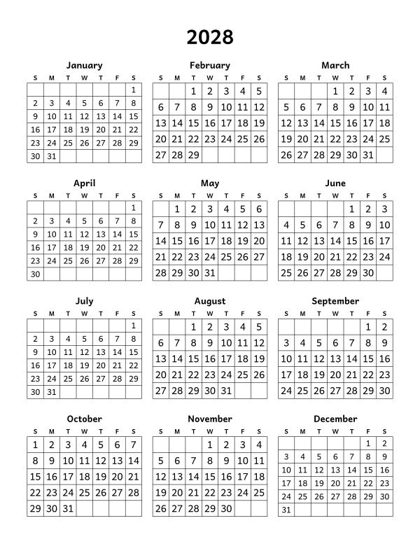 Printable 2028 year-at-a-glance calendar, twelve months on one page, week starting Sunday