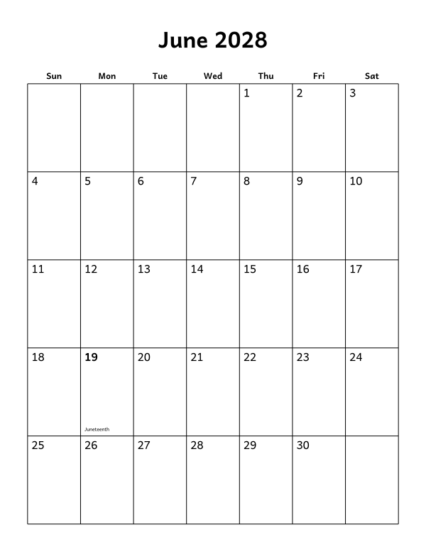 Printable June 2028 calendar, holidays layout, week starting Sunday