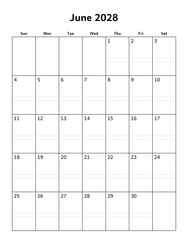 Printable June 2028 calendar, notes layout, week starting Sunday