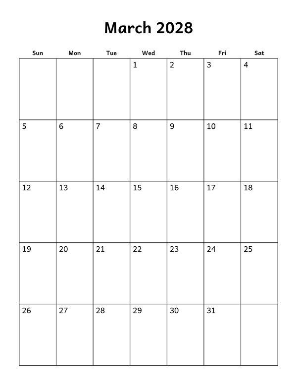 Printable March 2028 calendar, holidays layout, week starting Sunday