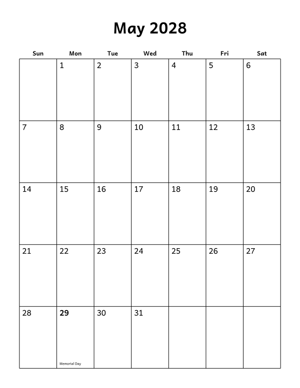 Printable May 2028 calendar, holidays layout, week starting Sunday