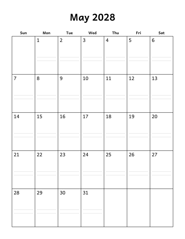 Printable May 2028 calendar, notes layout, week starting Sunday