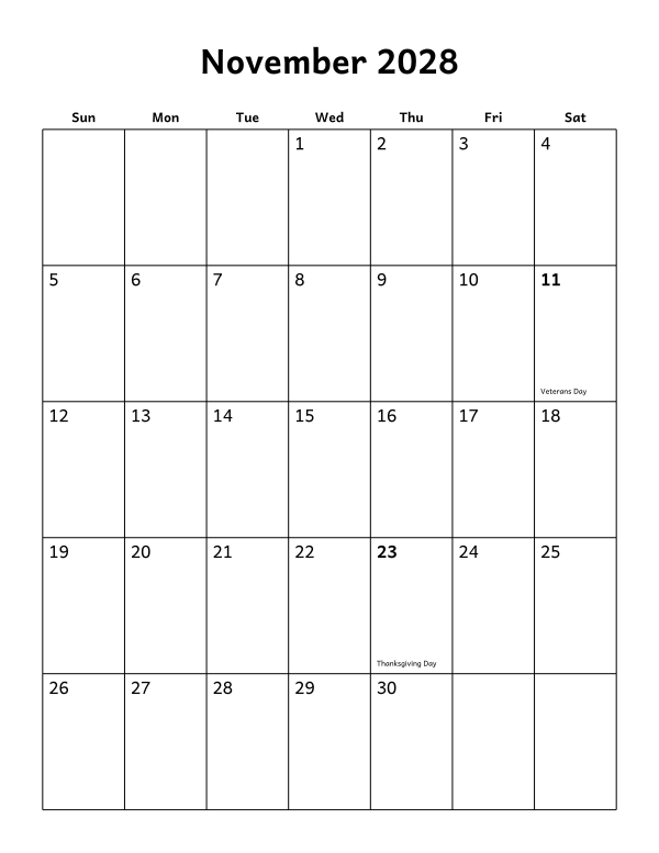 Printable November 2028 calendar, holidays layout, week starting Sunday