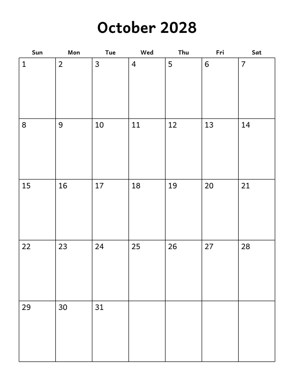 Printable October 2028 calendar, blank layout, week starting Sunday