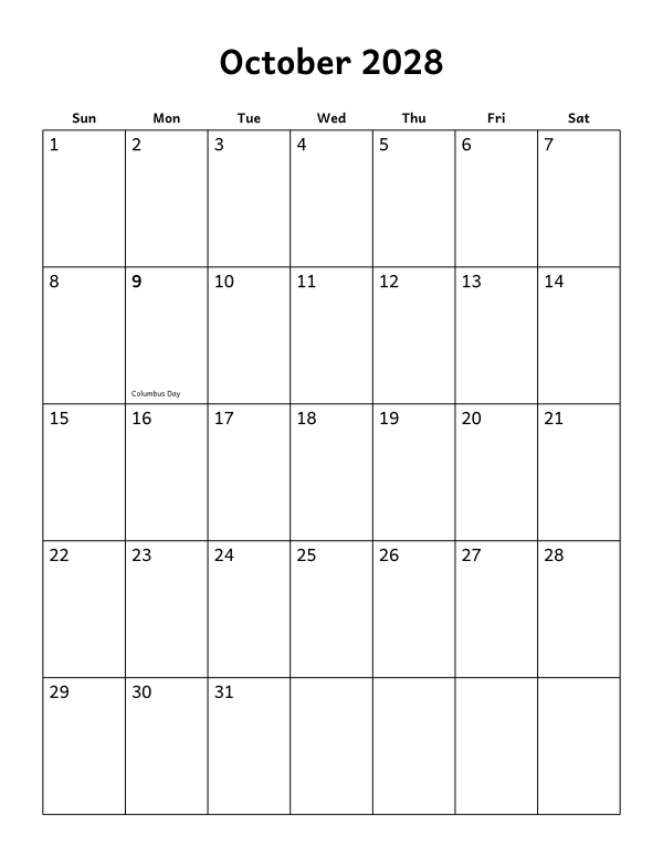 Printable October 2028 calendar, holidays layout, week starting Sunday