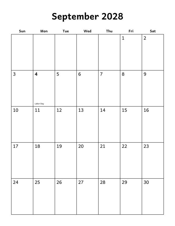 Printable September 2028 calendar, holidays layout, week starting Sunday