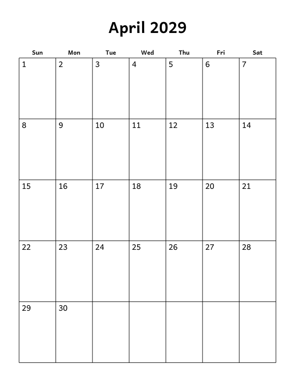 Printable April 2029 calendar, holidays layout, week starting Sunday