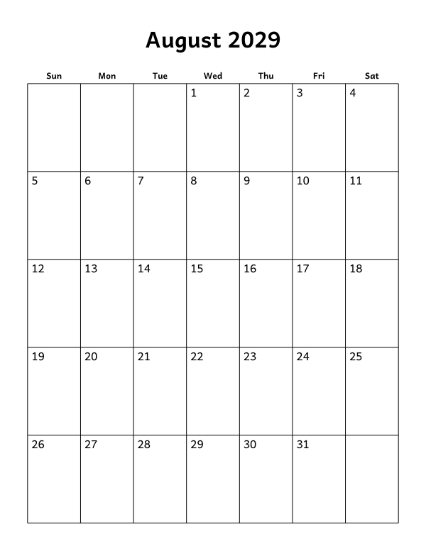 Printable August 2029 calendar, holidays layout, week starting Sunday