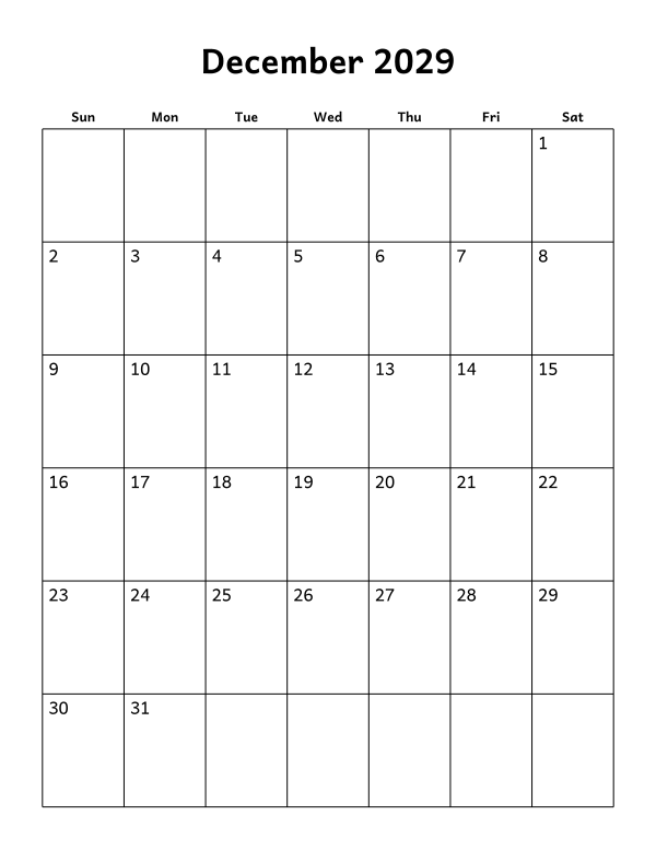 Printable December 2029 calendar, blank layout, week starting Sunday