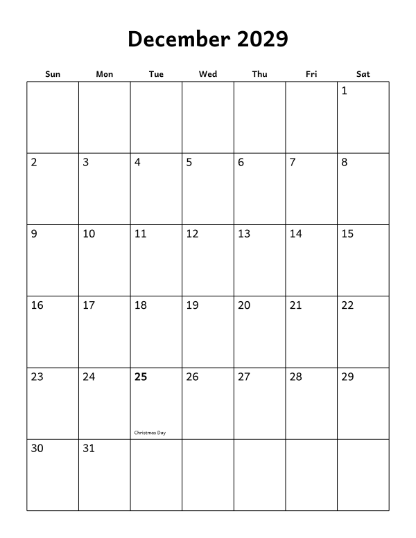 Printable December 2029 calendar, holidays layout, week starting Sunday