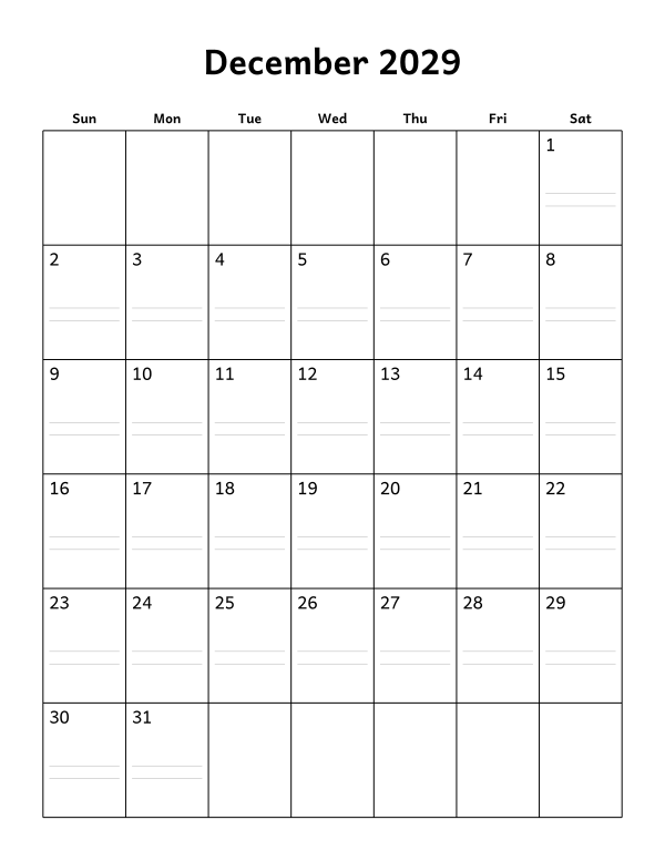 Printable December 2029 calendar, notes layout, week starting Sunday