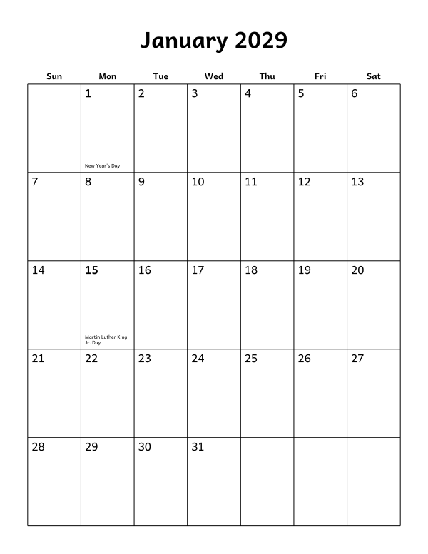 Printable January 2029 calendar, holidays layout, week starting Sunday