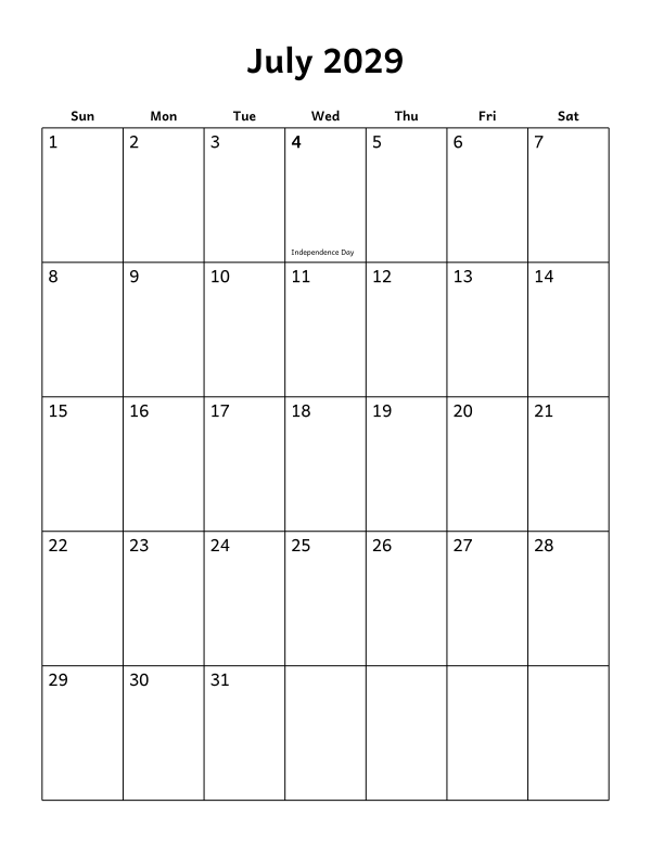 Printable July 2029 calendar, holidays layout, week starting Sunday